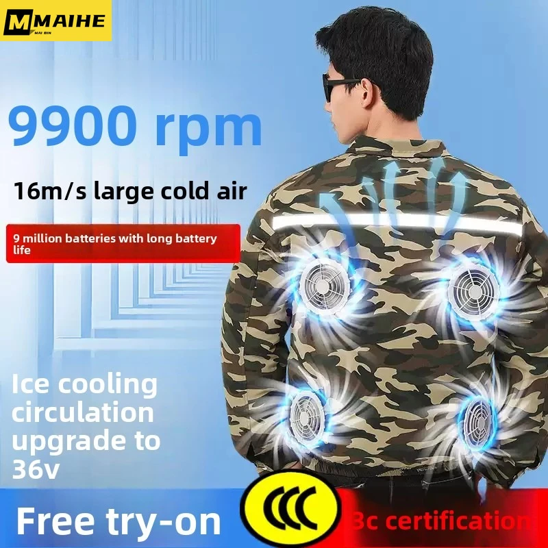 COMXZ New Fan Jacket Men's Ice Jacket -9℃ Air-conditioning Suit Cooling Summer Fishing Heat Protection Camouflage Cargo Clothing