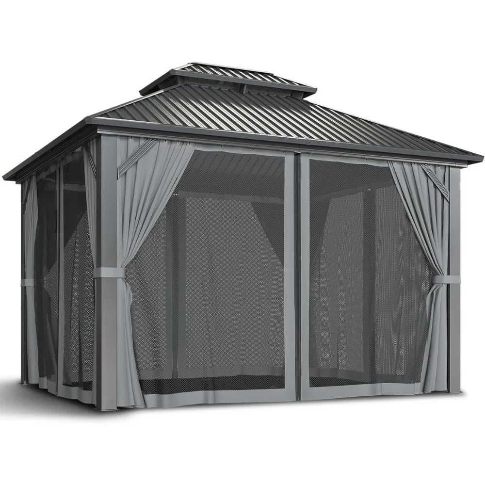 10x12 ft hardtop gazebo with aluminum frame, galvanized steel double roof gazebo with net and curtains for patio, decks