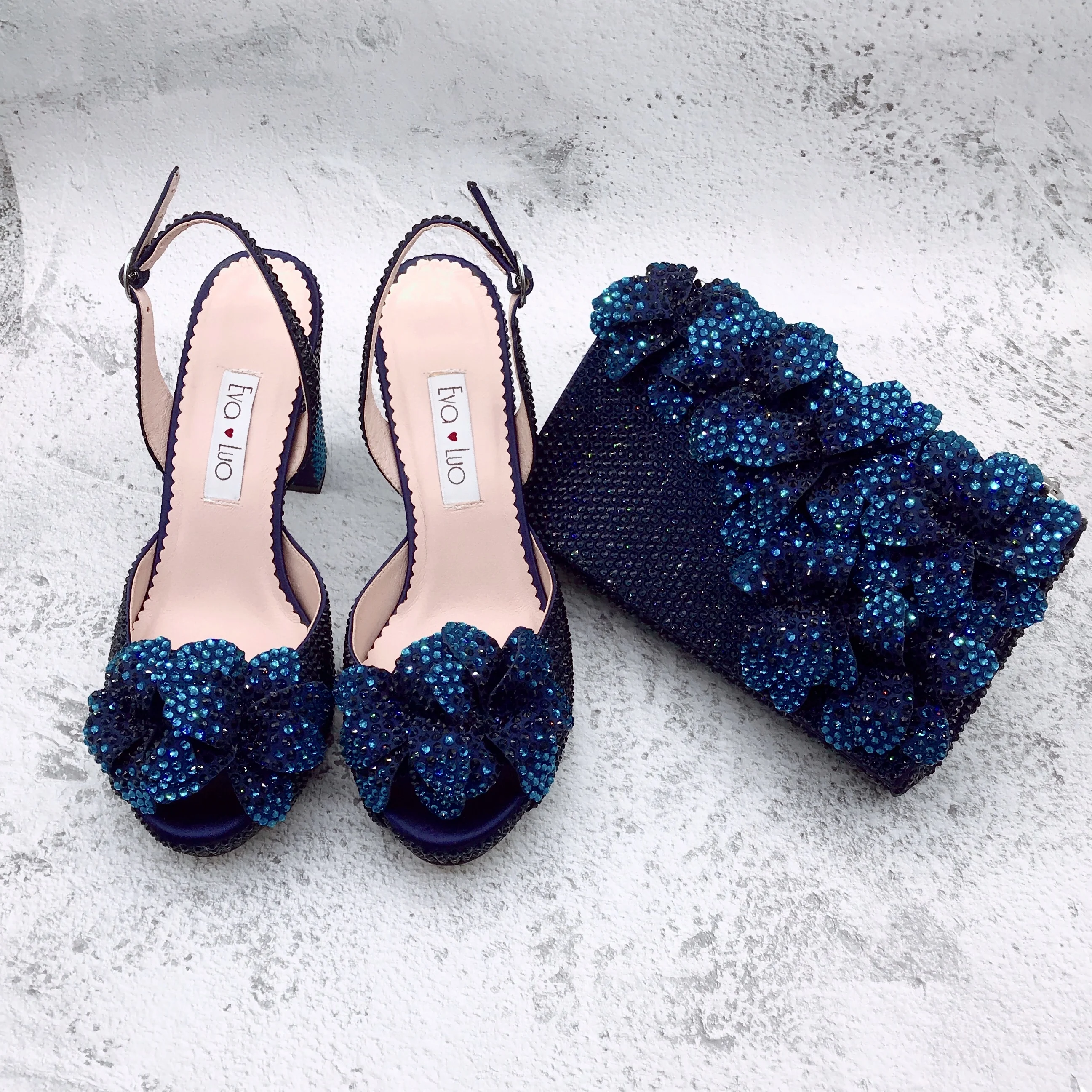 BS1651 Luxury New Design Custom Made Women Shoes Floral  Bridal Wedding Shoes Navy Blue Turquoise Flower Shoes With Matching Bag