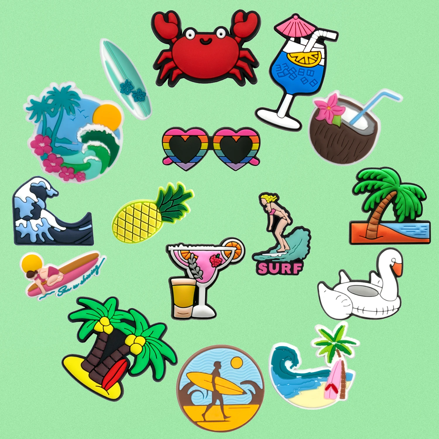 

1/16pcs Summer Style Shoe Decorative Charms Coconut Pineapple Drink Shoe Decorations for Sandals Surfboard Suitable for All Clog