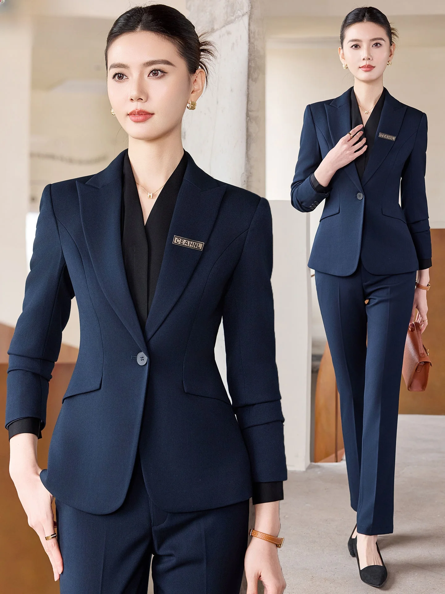 

High-End Deep Blue Women's Suit Set Profional Workwear Autumn Winter New Sle Hotel Manager Government Official Ele