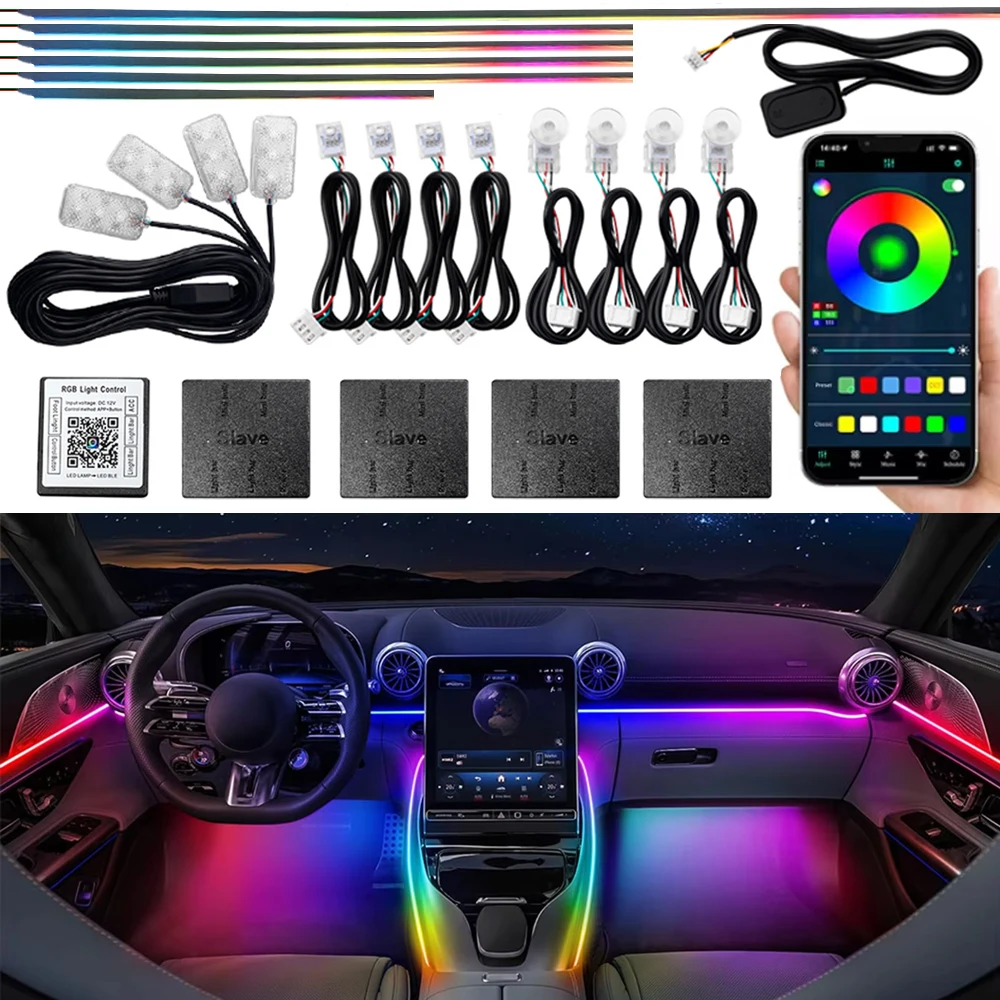 22 in1 64 Colors RGB Symphony Car Ambient Light Interior Acrylic Guide LED Strip Light Decoration Atmosphere Lamp By APP Control