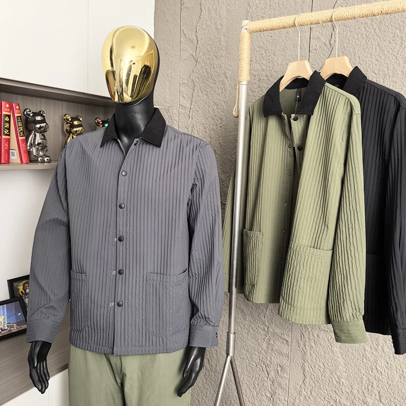 

Dongzi Self-Reserve High-End Tee-Resident Sle Men's Casual Pleated Stripe Spring Coat Faionable Urban Breathable Polyester