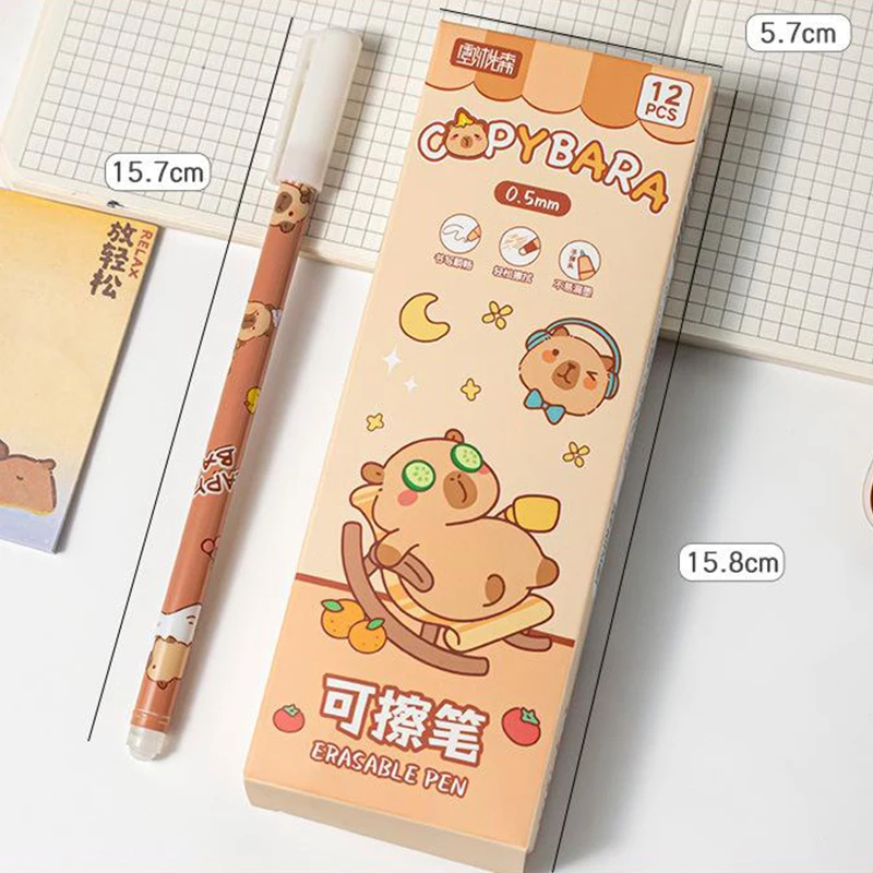 12Pcs Cartoon Capybara Panda Gel Pen Writing Smooth Quick-Drying Blue Erasable Pens Kawaii Student Stationery Office Supplies