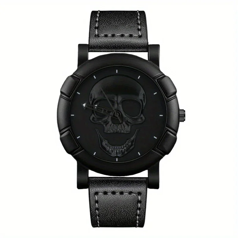 Skull Pattern Multi Display Pointer Round Quartz Watch With PU Leather Strap For Men