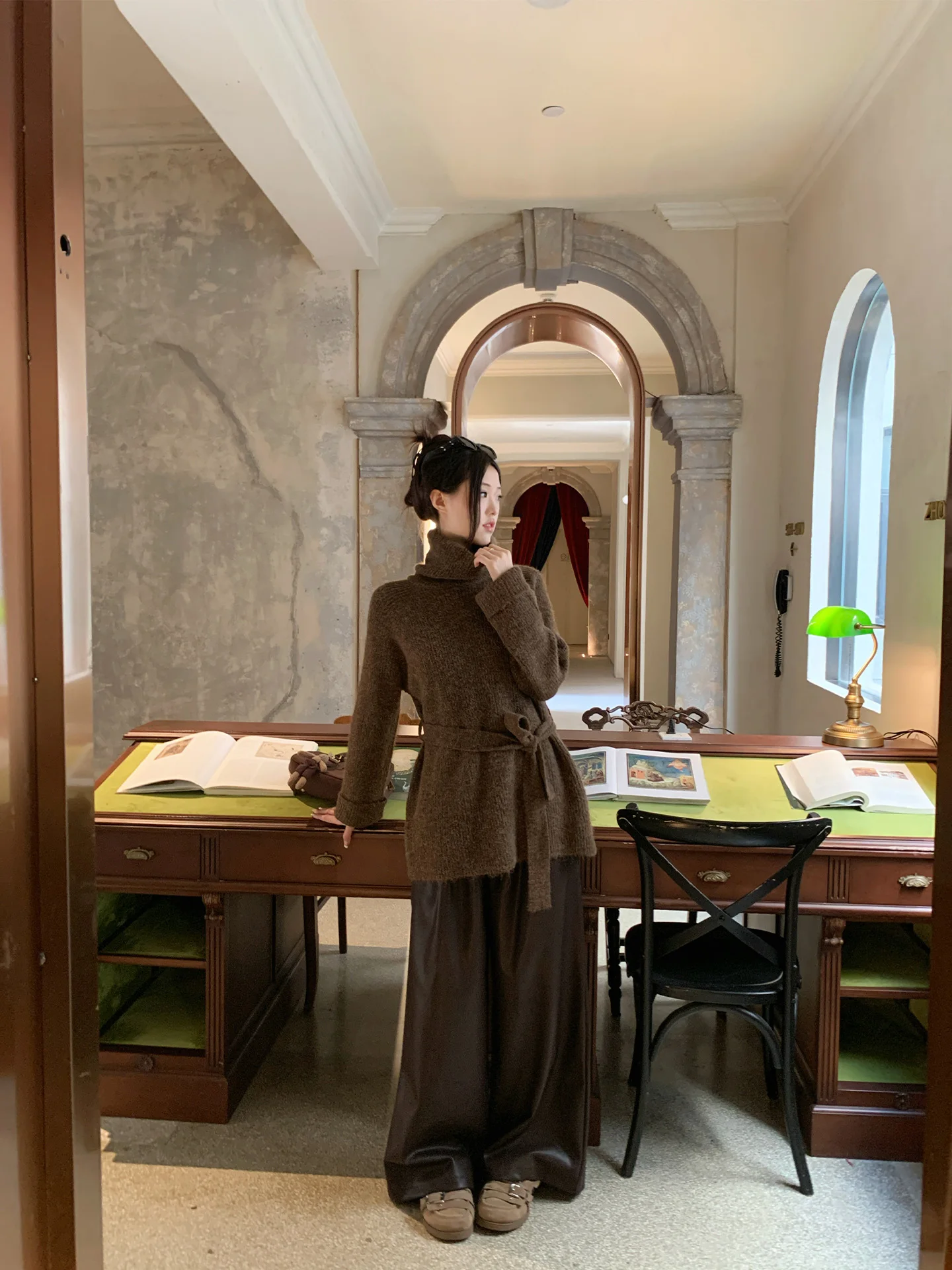 

Шерстяной свитер с высоким воротником и поясом, женский, осенне-зимний, теплый, новый, свободный крой, средней длины