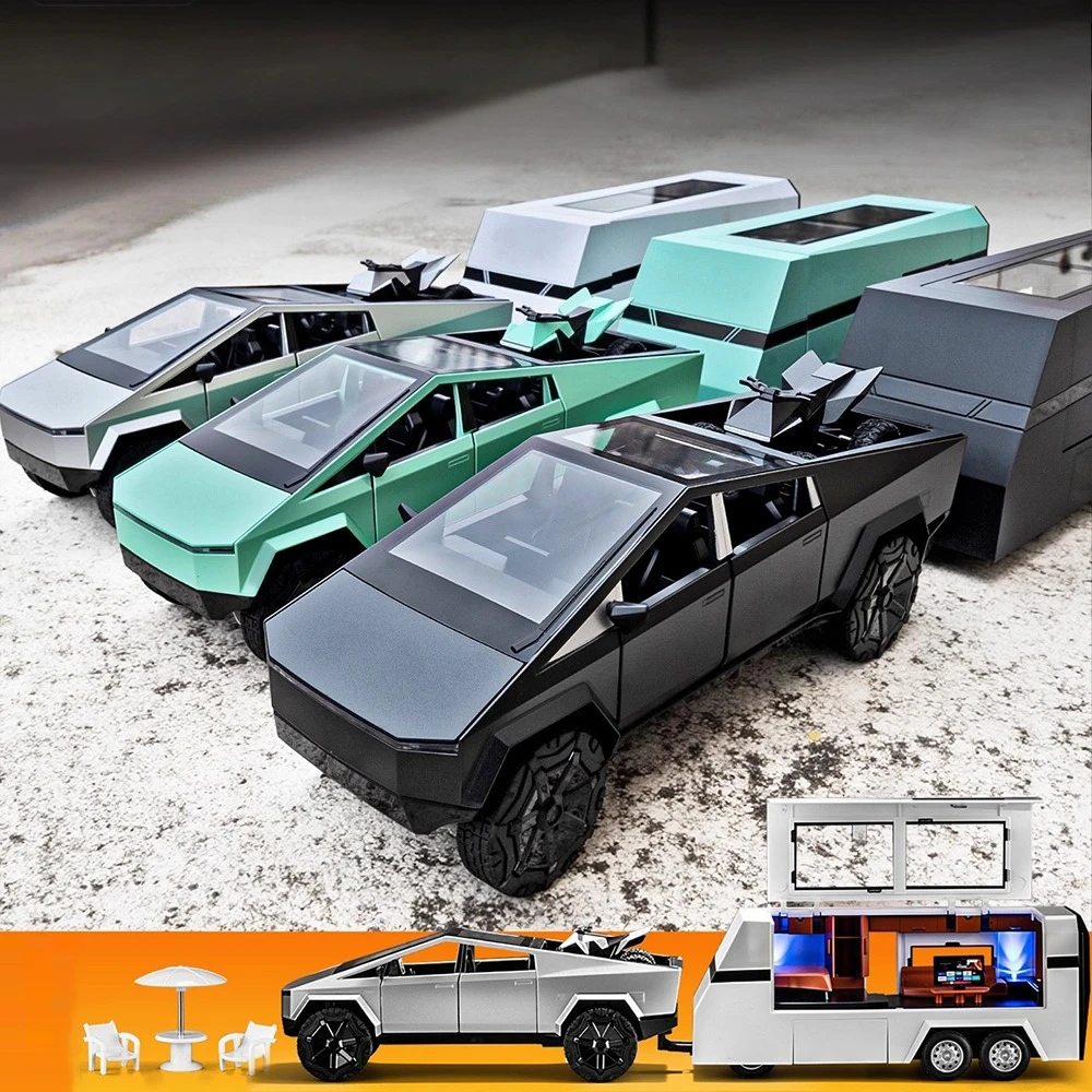 1:24 Schaal Pickup Trailer RV Auto Model Speelgoed Legering Diecast Geluid Licht Wiel Stuurmotor Thuis Modellen Home Decor Decoratie