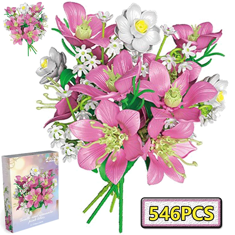 

Creative Beautiful Zinfandel Bouquet Building Blocks Pretty Pink Flower Home Desktop Decoration Toy Gift For Girl Kid Girl Adult