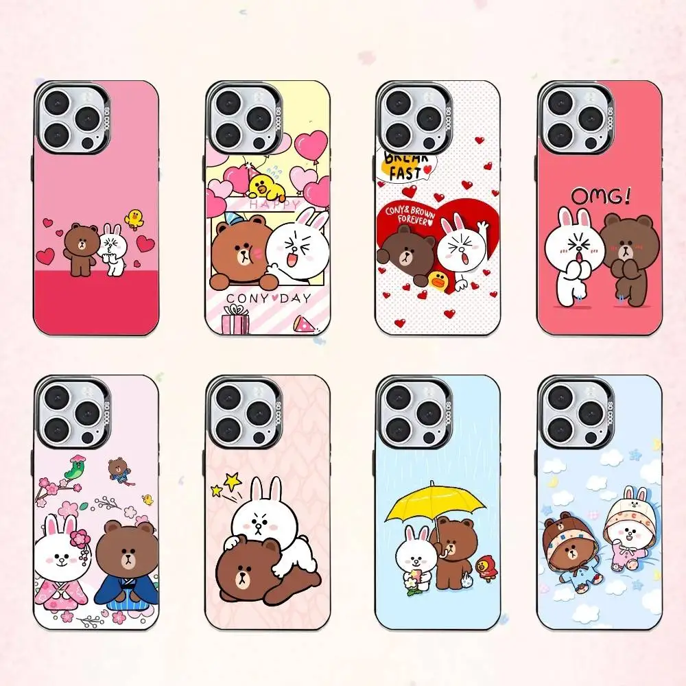 

L-LINE FRIENDS Brown and Cony Phone Case For iPhone17,16,15,14,13,12,11 Plus,Pro Max Colored Silver Plated Inside Cover