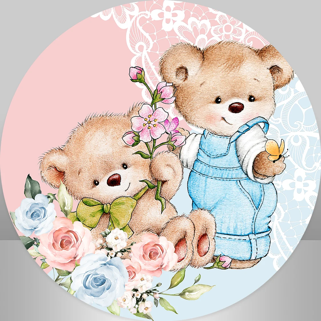 Baby Shower Gender Reveal Round Backdrop for Kids Circle Background Bear Boy or Girl Plinth Cylinder Cover Photo Studio