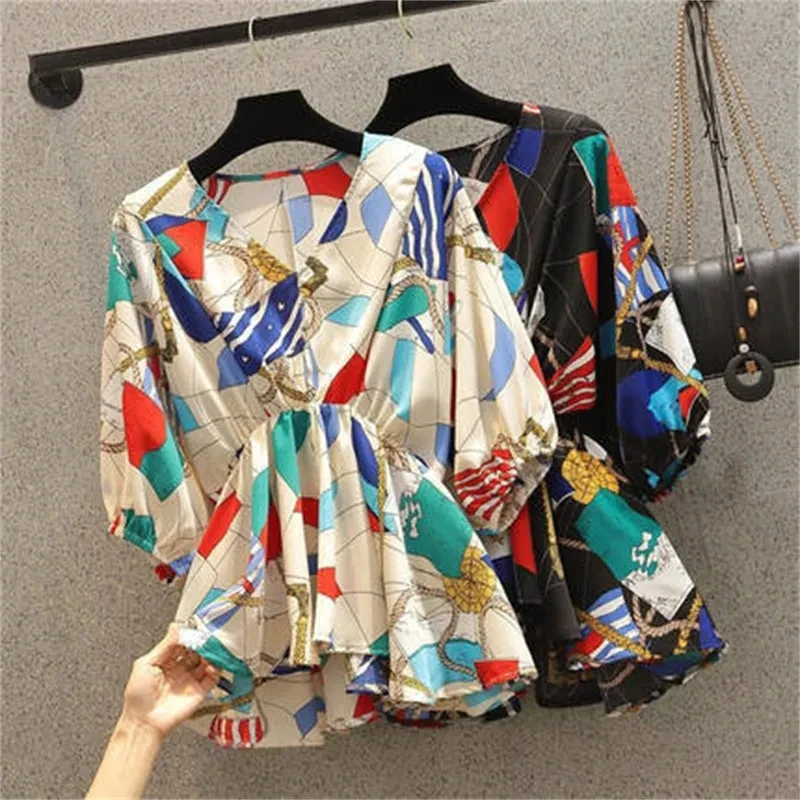 

2023 Summer Women's V-Neck Tops New Female Fashion Printing Loose Chiffon Shirt Fat Sister Covering The Belly Blouse Ladies 4XL