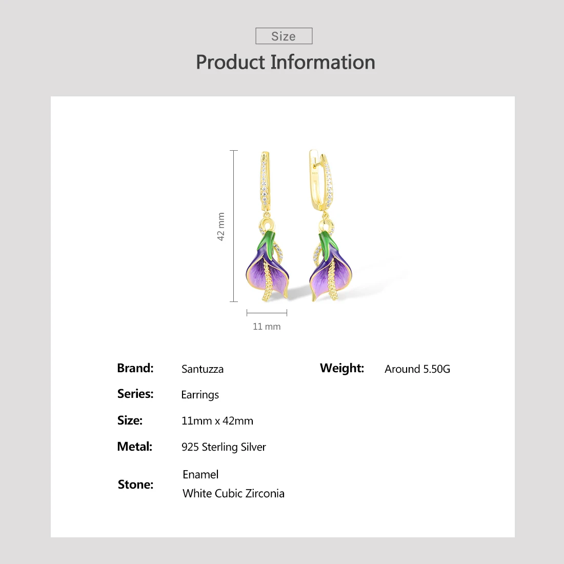 SANTUZZA 925 Sterling Silver Dangling Earrings For Women Sparkling White Cubic Zirconia Purple Tulip Fine Elegant Jewelry Enamel