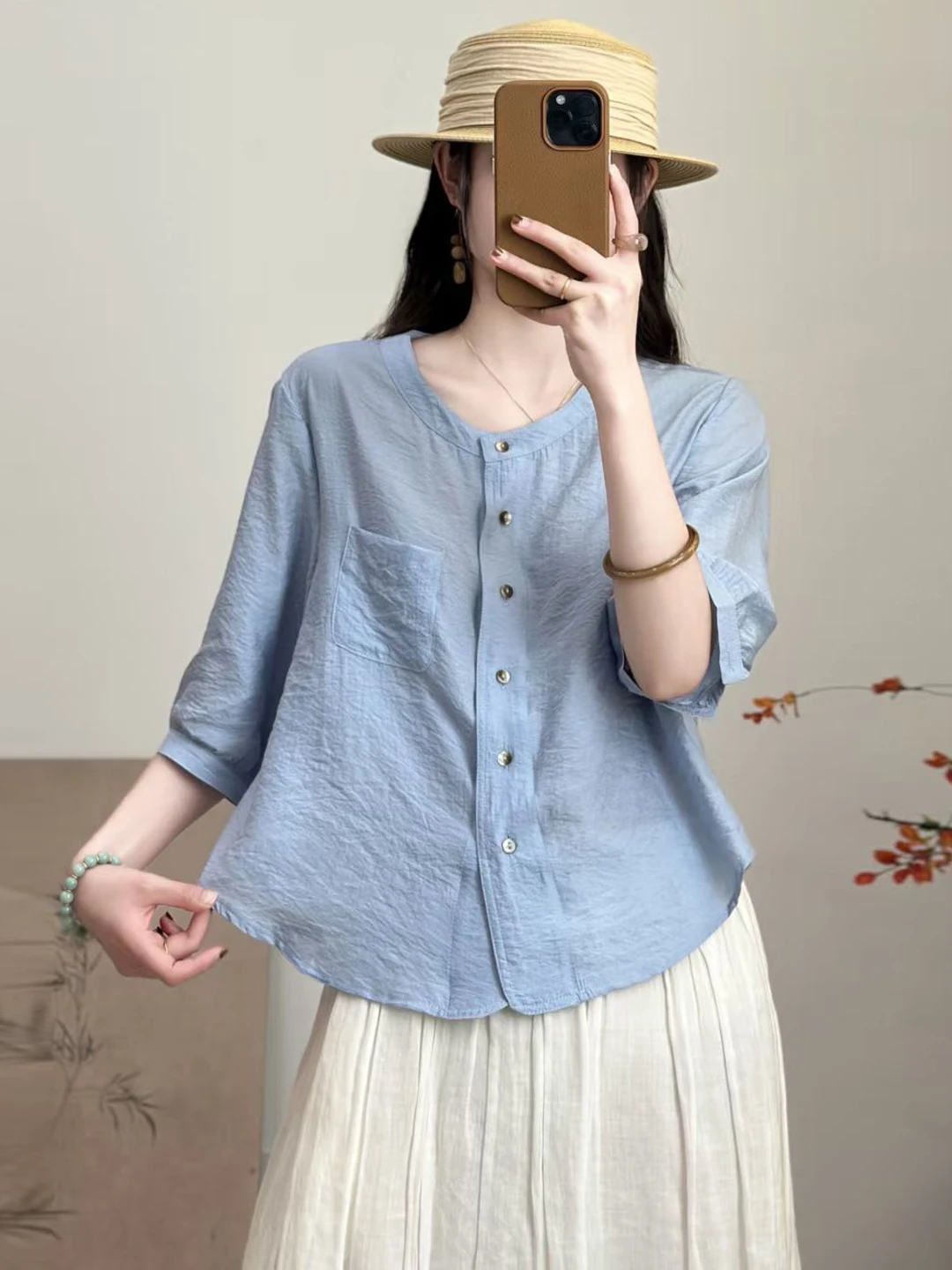 

Loose Casual round Neck Shirt Single Pocket Five Sleeve Button up Summer Pure Color Women's plus Size Open Cardigan Top
