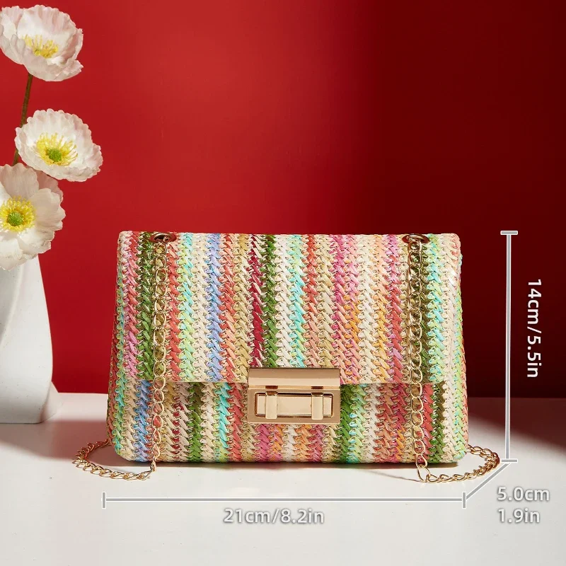 Multi Colored Striped Straw Clutch Handbag for Women Casual PU Leather Weave Summer Beach Purse Crossbody Shoulder Messenger Bag