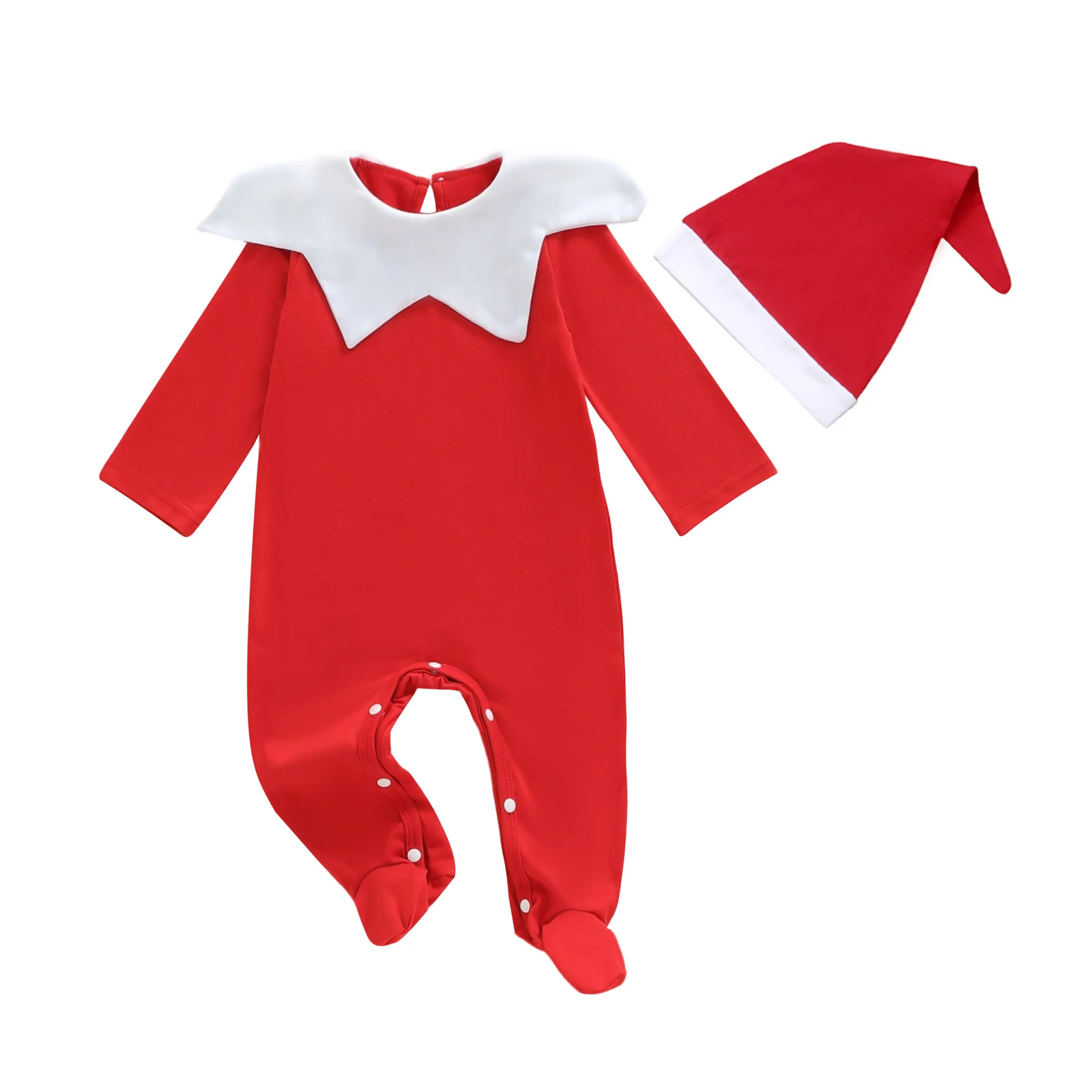 

Детский праздничный комбинезон на ножках. Уютный комбинезон с длинными рукавами и круглым вырезом с подходящей шляпой. Комплект для рождественского праздника.