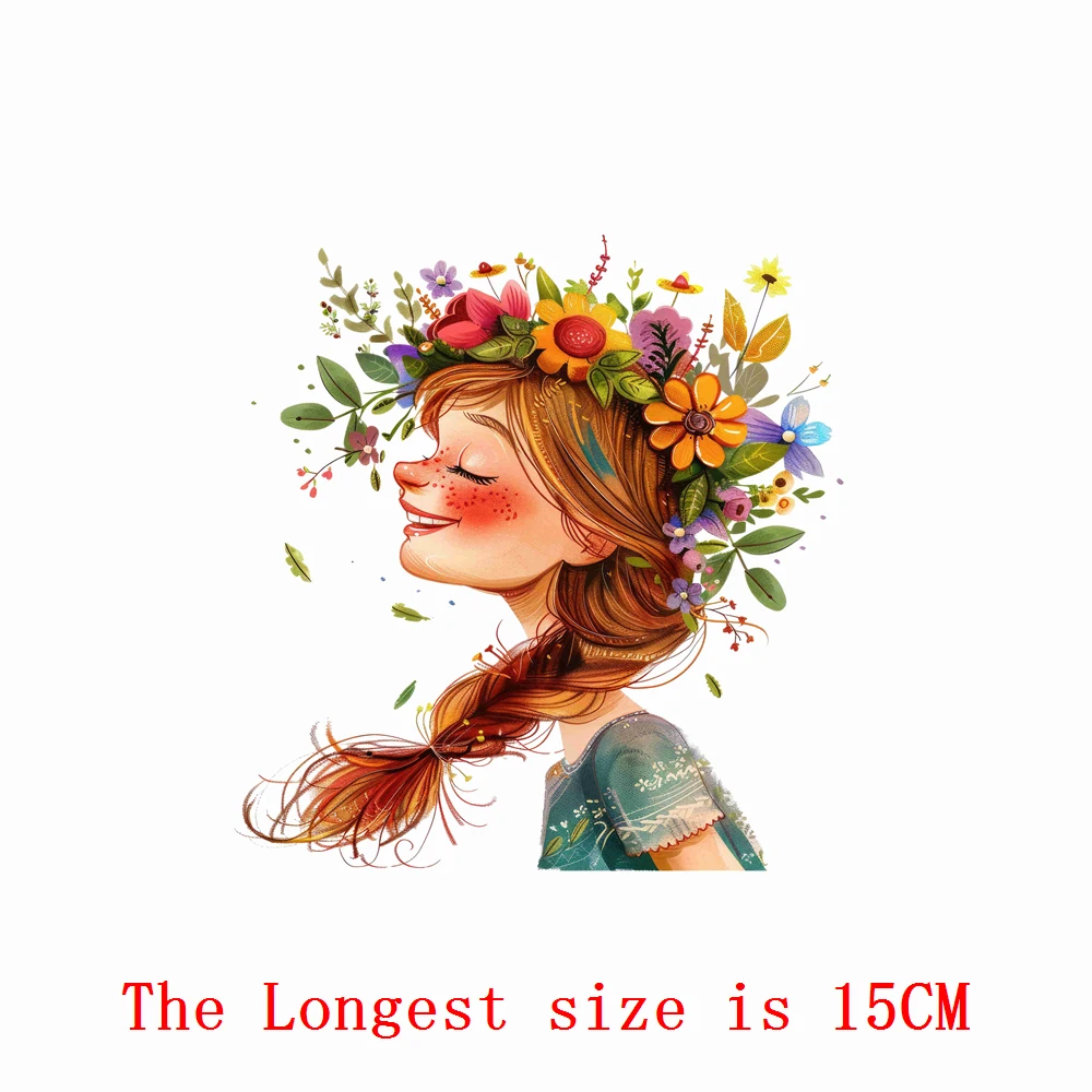 15cm Kid Cute Spirit Of Spring Flower Girl Iron On Heat Transfer Sticker For Clothes Pinted Vinyl Thermal Washable T-Shirt Decal