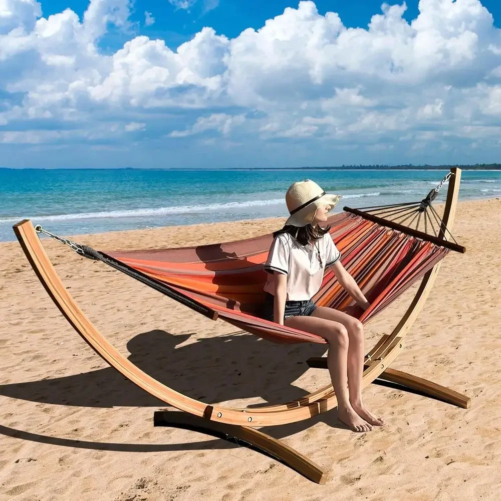 10.5ft Outdoor Arc Wooden Hammock Stand for 2, Hard Pine, 300lb Capacity, Suitable for Patio, Garden, or Poolside, Natural Finis