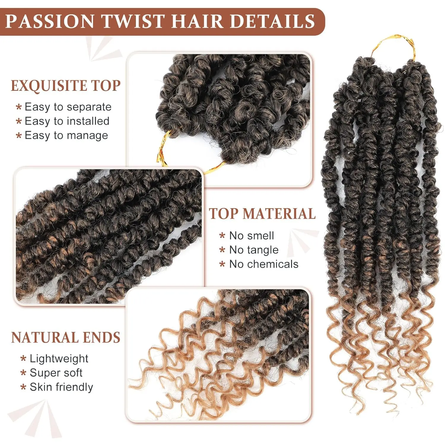 Passion Twist Häkelhaar, vorgefertigt, 8/12/14/16 Zoll, kurze, vorgefertigte Häkelzöpfe für schwarze Frauen, synthetische Haarverlängerungen. – Detail 4