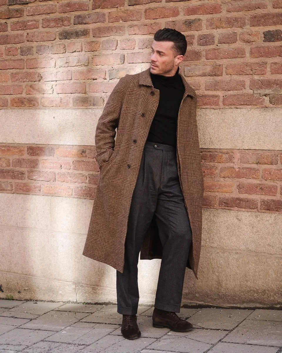 Classic Men Plaid Wool Blend Long Trench Coat Turn‑down Collar Self Belted Wrap Overcoat For Business Daily Wear Customized