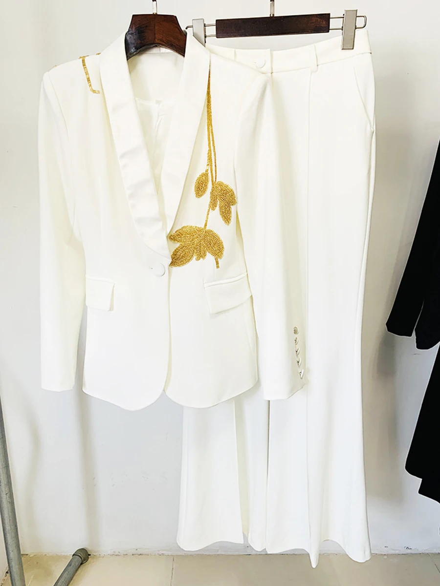 VGH Temperament Two Piece Sets For Women Lapel Long Sleeve Spliced Appliques Top High Waist Pants Elegant Set Female Fashion New