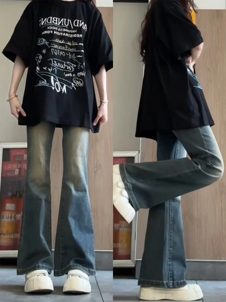 

American Retro Flared Jeans Women's Spring Summer Pear Shape plus Size High Waist Slim Straight Leg Long Pants Casual Style