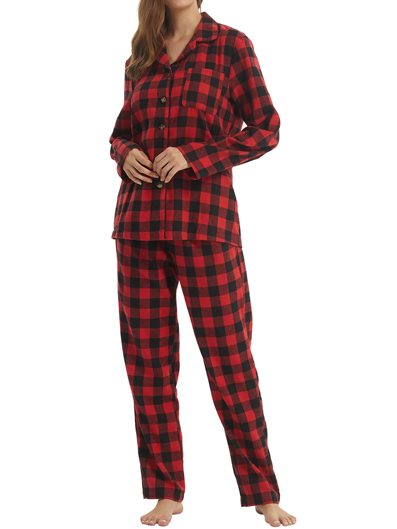 

Women's Flannel Pajamas Set Long Sleeve Top And Bottom Lightweight Ladies Flannel PJs Comfortable Sleepwear