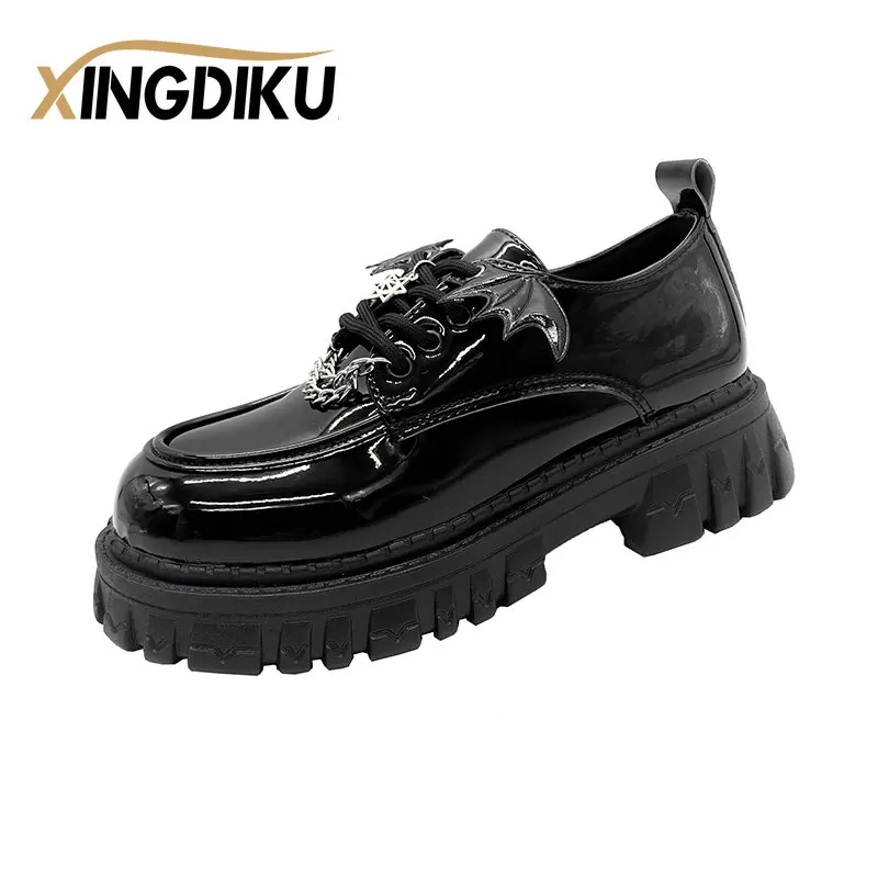 Punk Wind Fashion Single Shoes Autumn New Devil Bat Wings Gothic Women\'s Shoes Thick Bottom Waterproof Platform Metal Chain