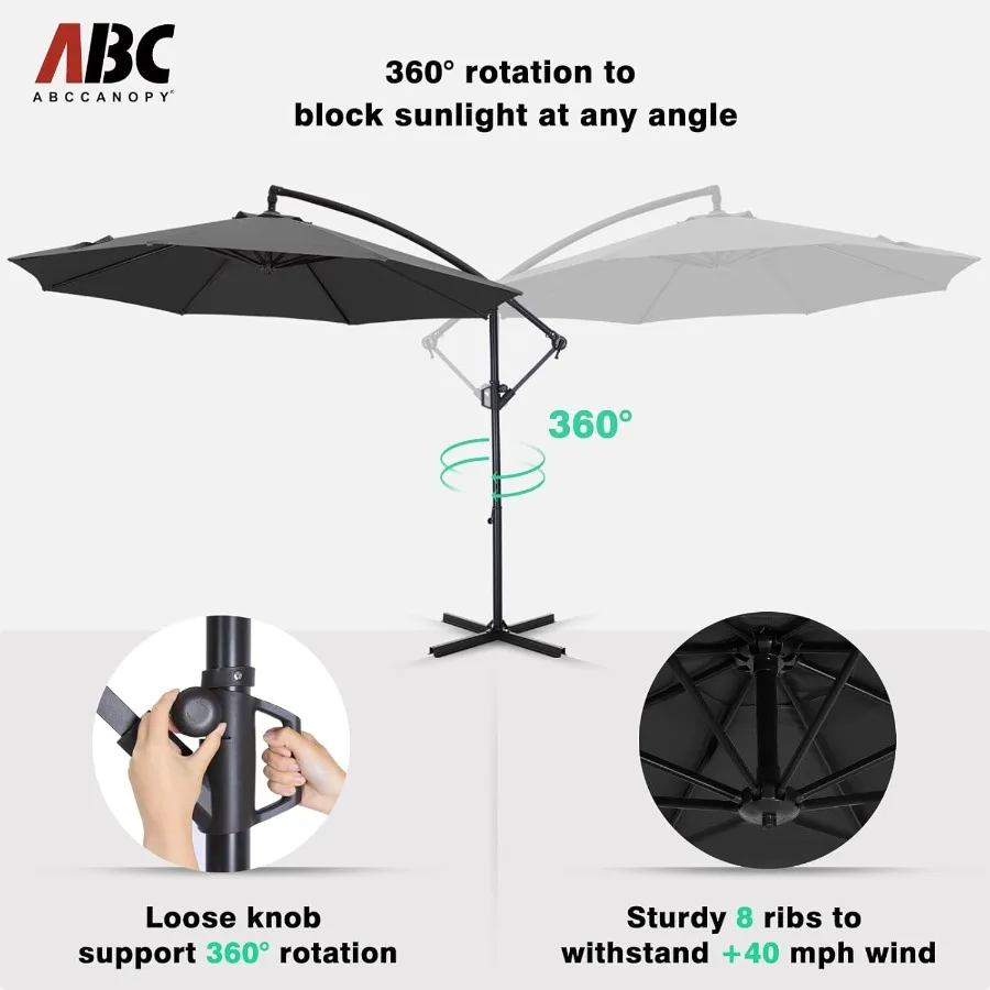 مظلة فناء ناتئة بطول 10 أقدام مع قاعدة متضمنة للاستخدام في سطح السباحة في الفناء الخلفي تتميز بدوران 360 درجة وتصميم إزاحة ثابتة