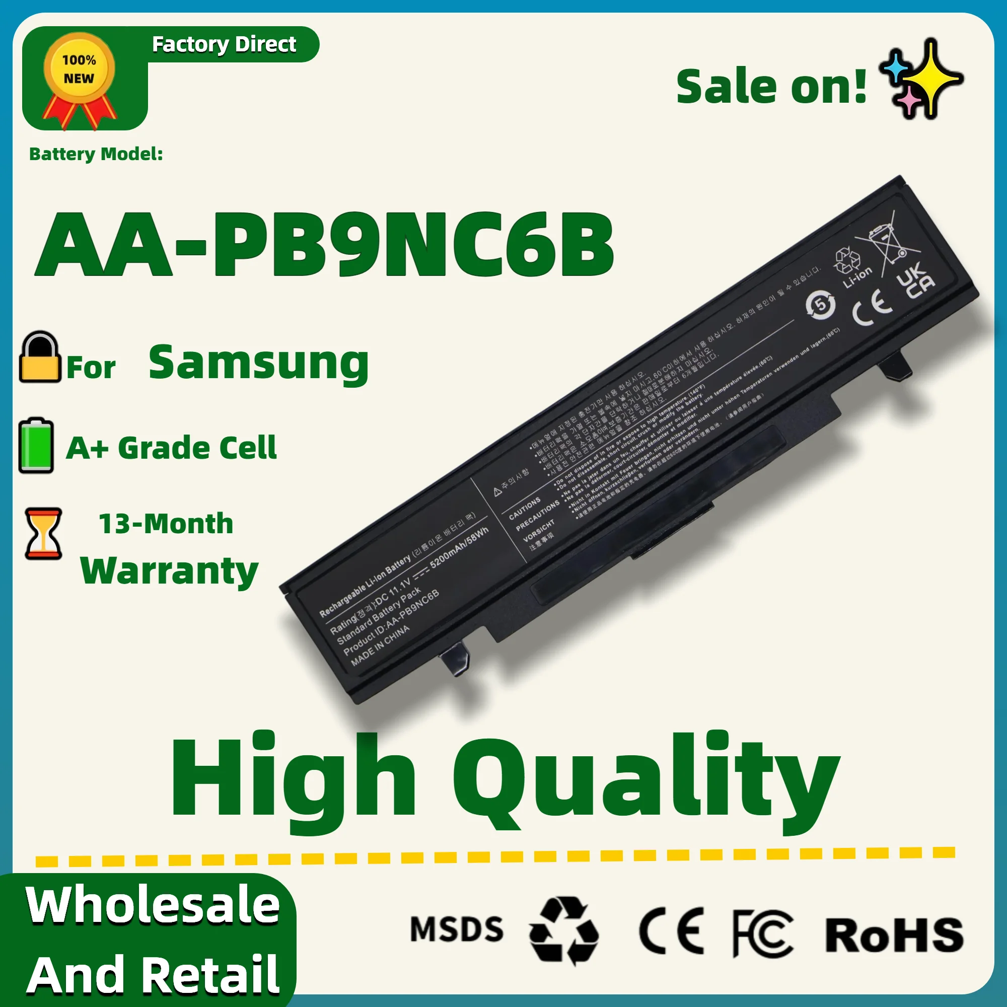 AA-PB9NC6B For SamSung Laptop Battery AA-PB2NX6W AA-PB4NC6W R467 R428 R429 R468 NP300 NP350 RV410 RV509 R530 13 Months Warranty