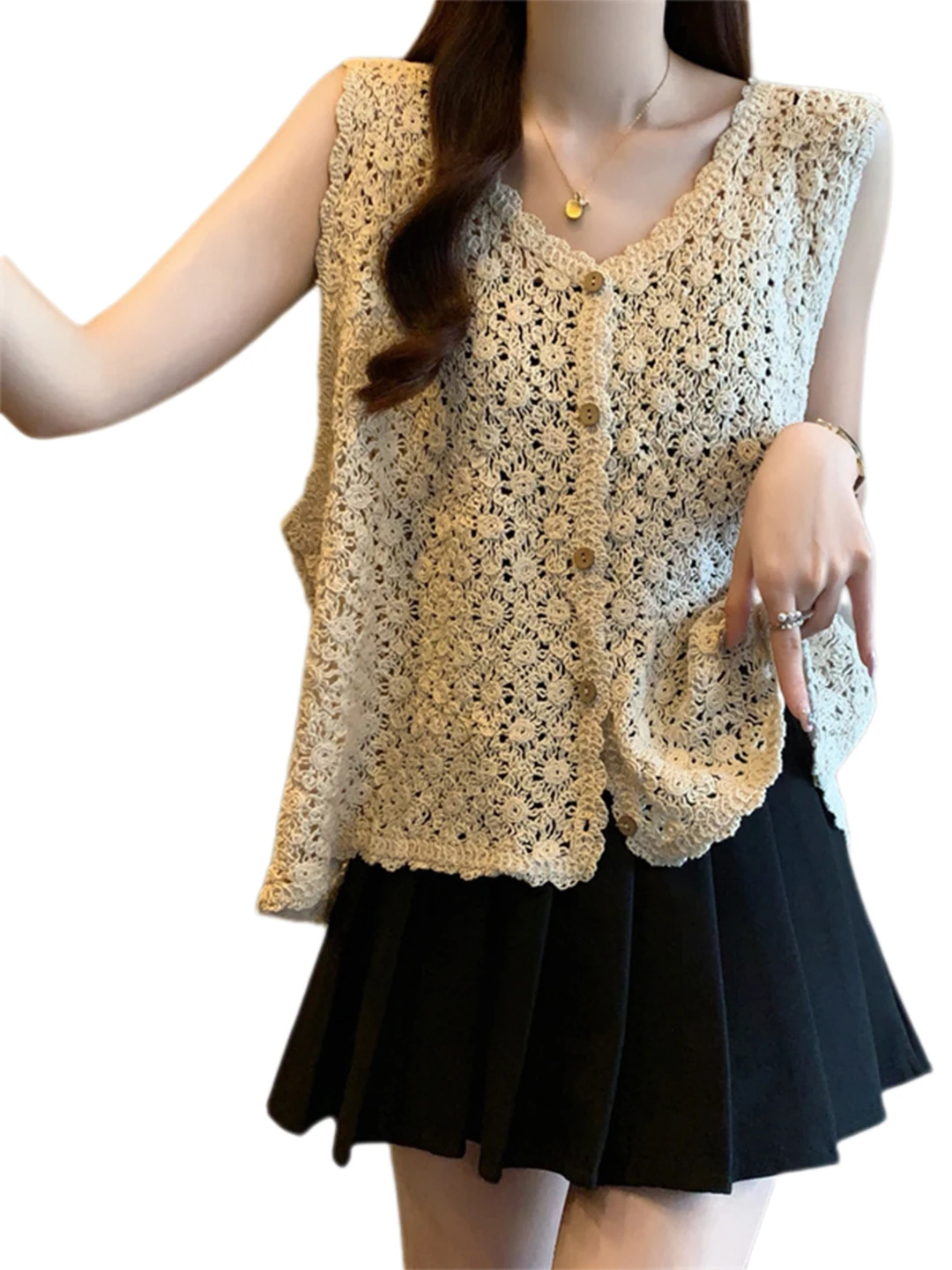 Ele Hollow out Knitted Vest Women's Summer Design Loose V-Ne Svel Tank Top Thin Commute Sle Single Button