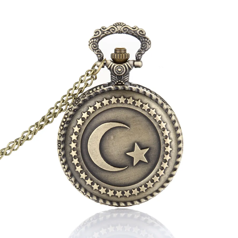 Antique Bronze Turkish Flag Design Moon and Star Theme Quartz Pocket Watch With Necklace Chain LL@17