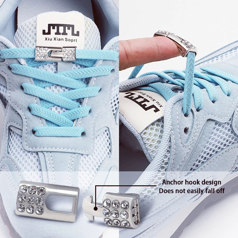 2Pairs Bling Diamond Cross Lock Laces Charms - Elastic No Tie Shoe Laces - 8MM Width Rubber Bands Metal Buckle Shoes Accessories