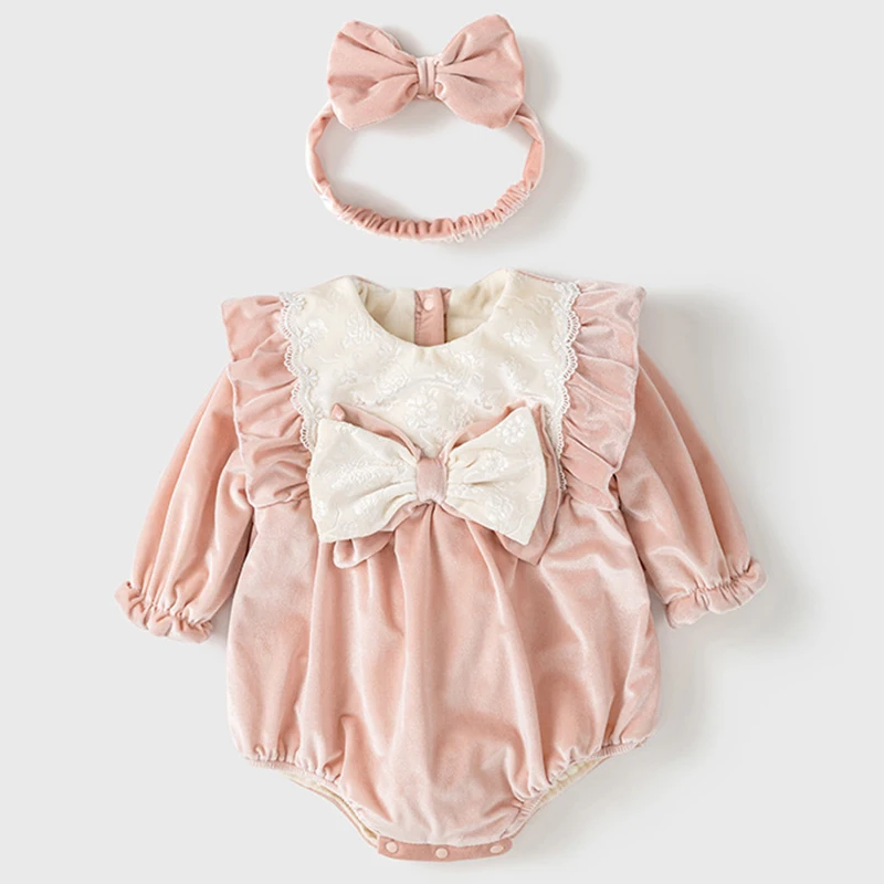 Autumn Winter Newborn Girls Clothes Pink Cute Bow Lace Fleece Princess Bodysuit+Hair Band Jumpsuits Baby Boutique Clothing BC854