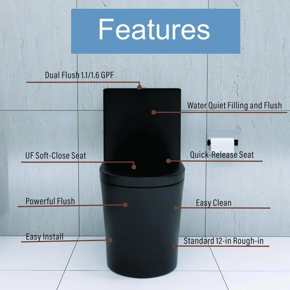 مرحاض قطعة واحدة ممدود باللون الأسود غير اللامع مزدوج التدفق 1.1/1.6 GPF موفر للمياه MaP 1000 جرام تصميم متجنب مقعد إغلاق هادئ #6