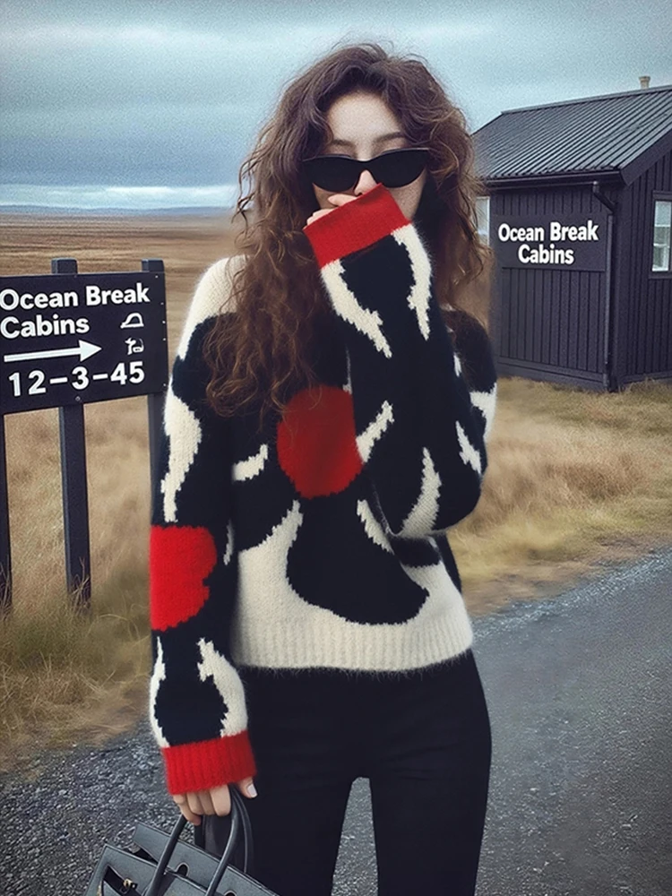 

Floral Print Knit Sweater Women's Autumn Winter New Style Color Block High End Feeling Loose Fit Long Sleeve Turtleneck Sweater