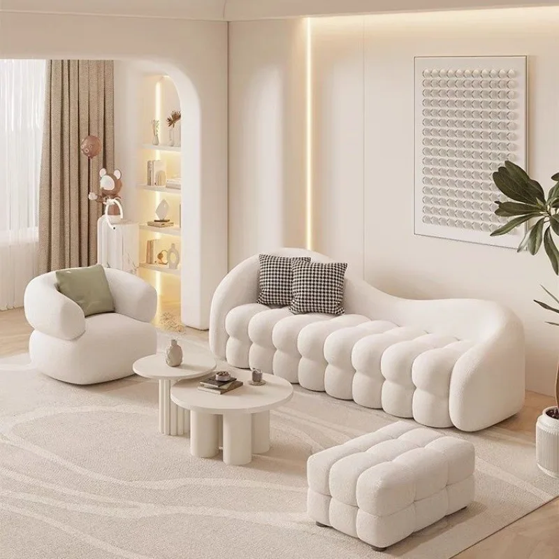 

！@ Curved Nordic Sofa Set Modern Boucle Fabric Cloud Sofa with Armchair & Ottoman Wavy Living Room Furniture for Hotel Use