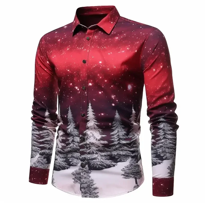 

Christmas tree starry night print men's long-sleeved shirt high quality comfortable men's lapel top men's shirt 2024 new style