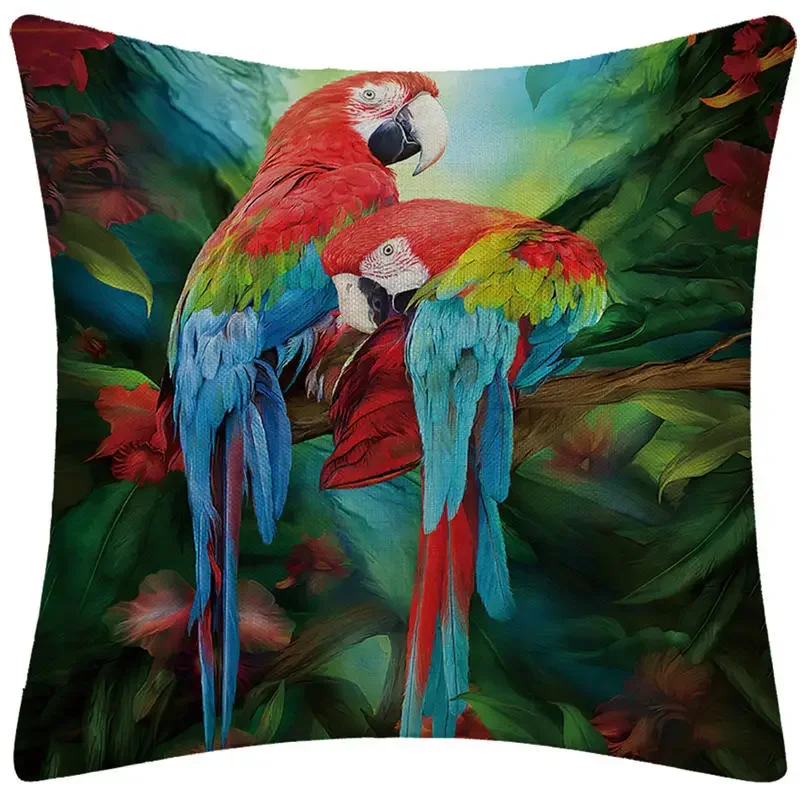 Parrot Toucan Couple Bird Decorative Throw Pillow Cushion Cover Tropical Plant Cotton Linen Pillowcase Decoration for Home Sofa