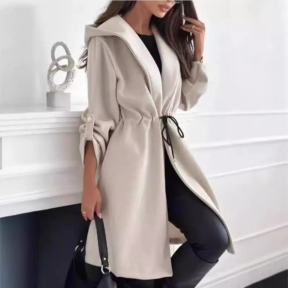 Women Trench Caot Winter Drawstring Slim Waist Hooded Lady Coat Solid Color Mid Length Long Sleeve Overcoat With Cufflinks