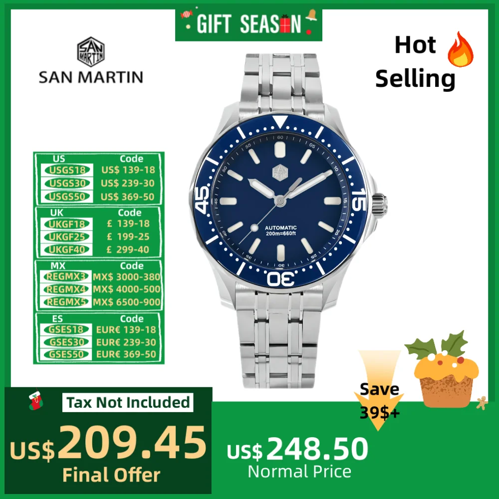 San Martin Diver\'s Watch For Men Automatic Mechanical Wristwatch YN55 41.5mm Sport 20Bar Luminous Luxury Watches Sapphire SN0088