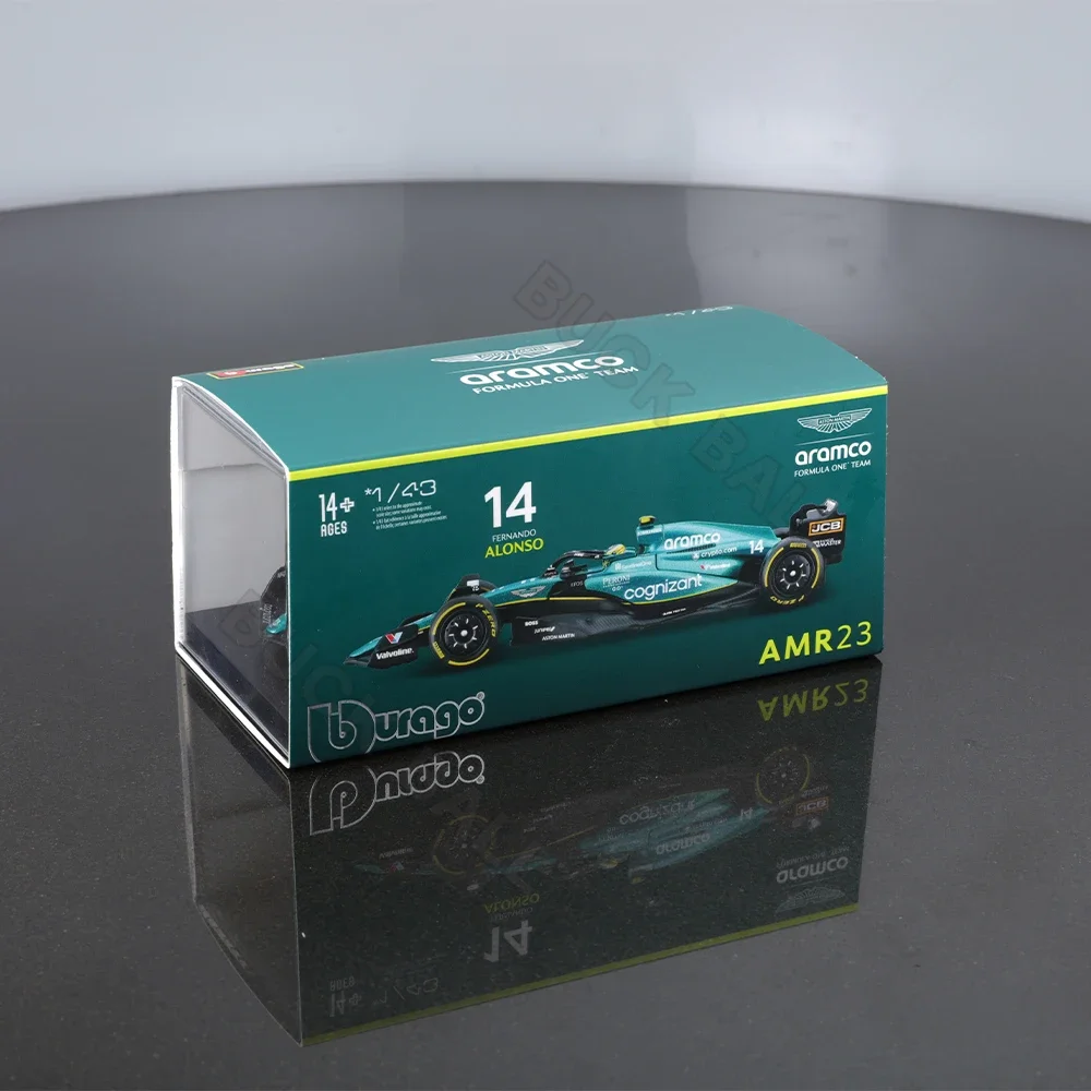 In-stock 1:43 Bburago Aston Martin Aramco Team AMR23 2023 F1 Car Model Dust Cover 14 Alonso #18 Stroll # Alloy Car Die Cast Toy