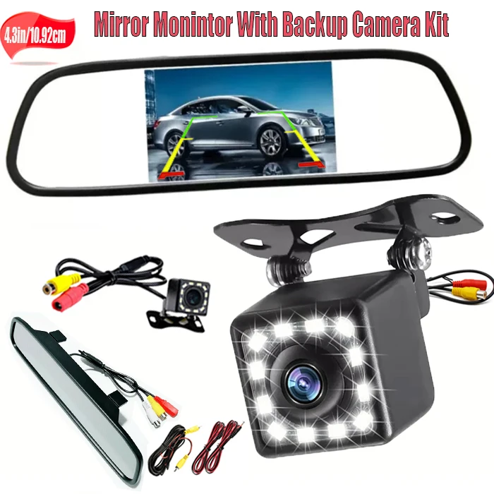 HD 4.3'' TFT LCD Mirror Monitor with 12LED Night Vision Backup Camera - Easy Install, Dual Video Inputs, Wide-Angle HD