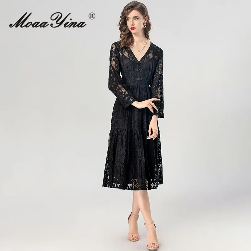 Moaayina-vestido vintage para mulheres, cor sólida, bordados, escavar, fivela de disco, pérolas, alta qualidade, recém-chegados, verão