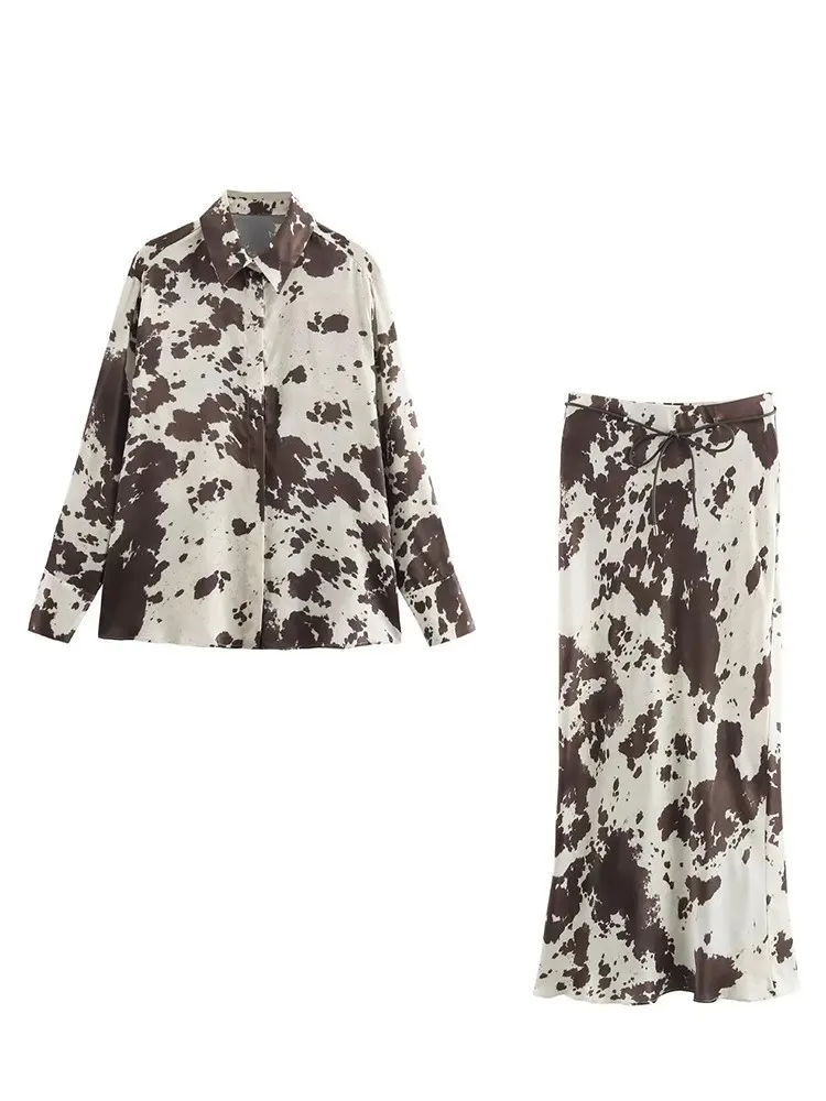 Conjunto de calças com estampa animal feminino 2025 nova moda primavera casual solto conjuntos de duas peças camisa de manga longa + calças retas elásticas ternos