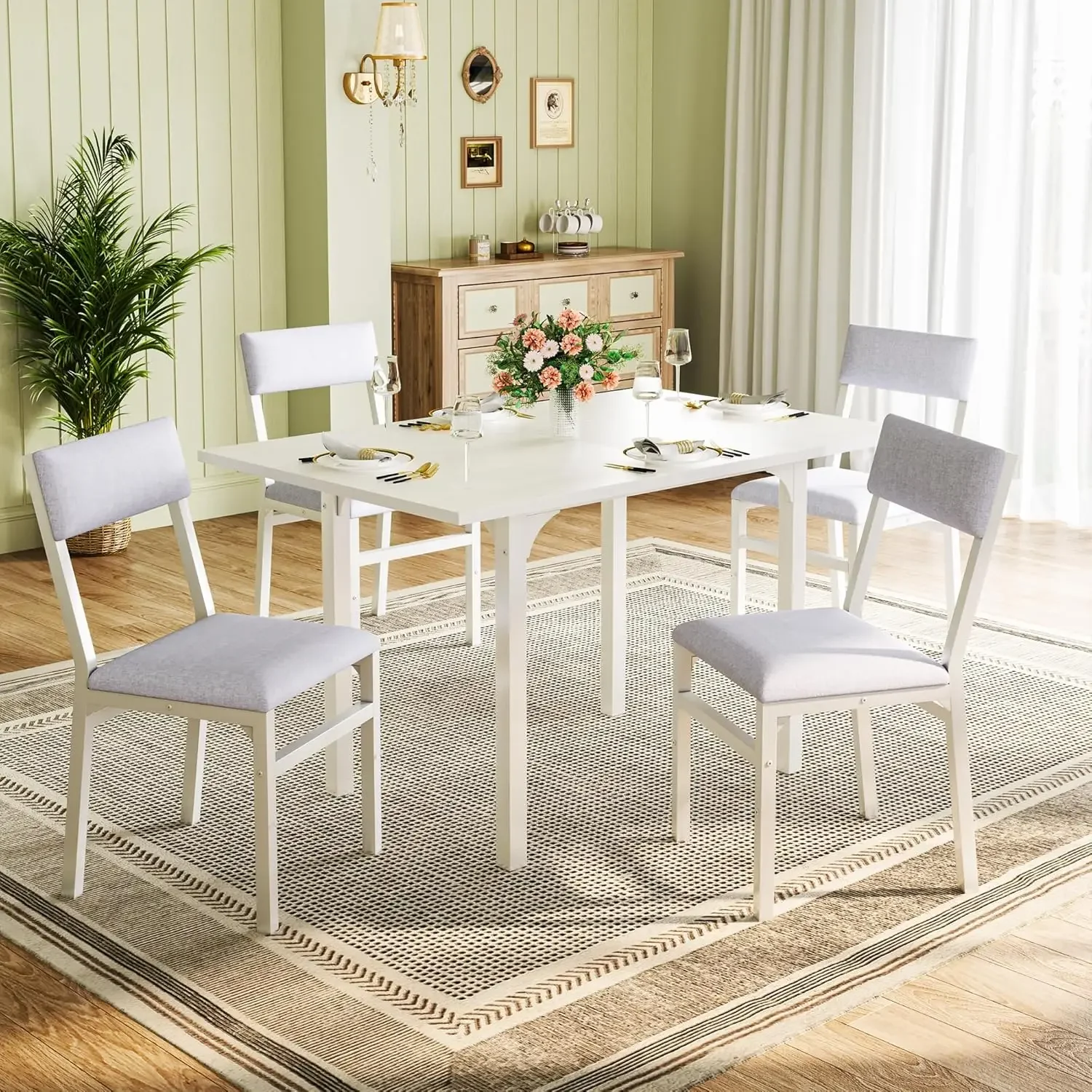 

Dining Table Set for 4, Extendable Kitchen Table Cushion Chairs Set of 4, Rectangle Dining Table with Metal Frame & MDF Board,