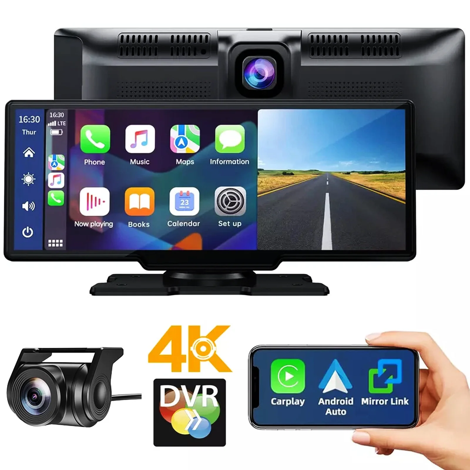 

10,26 "4K 1080P Беспроводной Apple CarPlay Android Auto Сенсорный экран Автомобильный видеорегистратор Видеорегистратор с двумя объективами Зеркальное звено WIFI BT FM