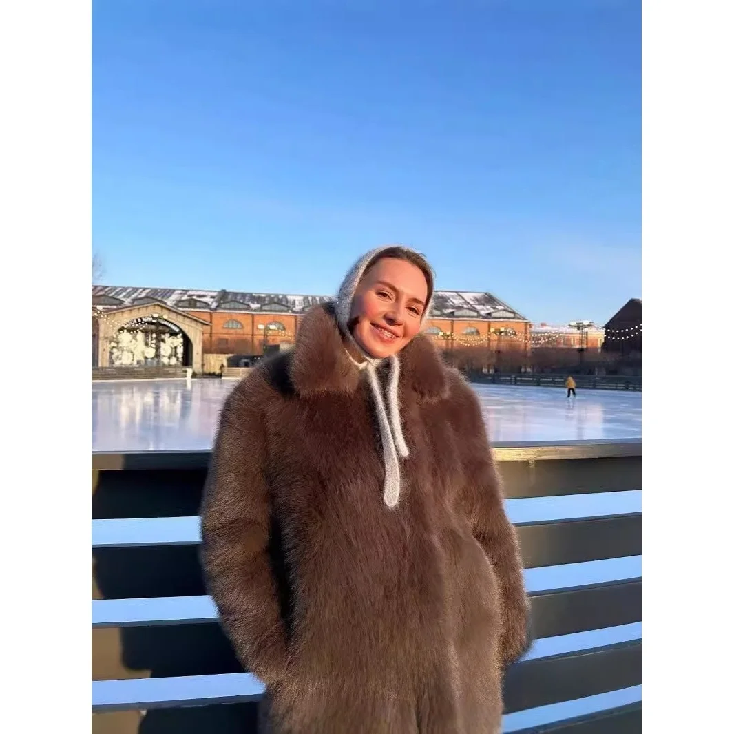 معطف فرو نسائي فضفاض يحاكي طويل متوسط الطول ملابس خارجية شتوية للشباب Sle Commute Faion مع قبعة أخرى من الفرو #3