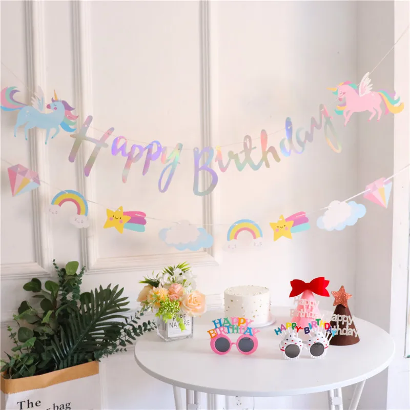 Happy Birthday Streamers unicorn Pull Flag Living Room Garden Mall Cafe Children Birthday Party Decoration Banners