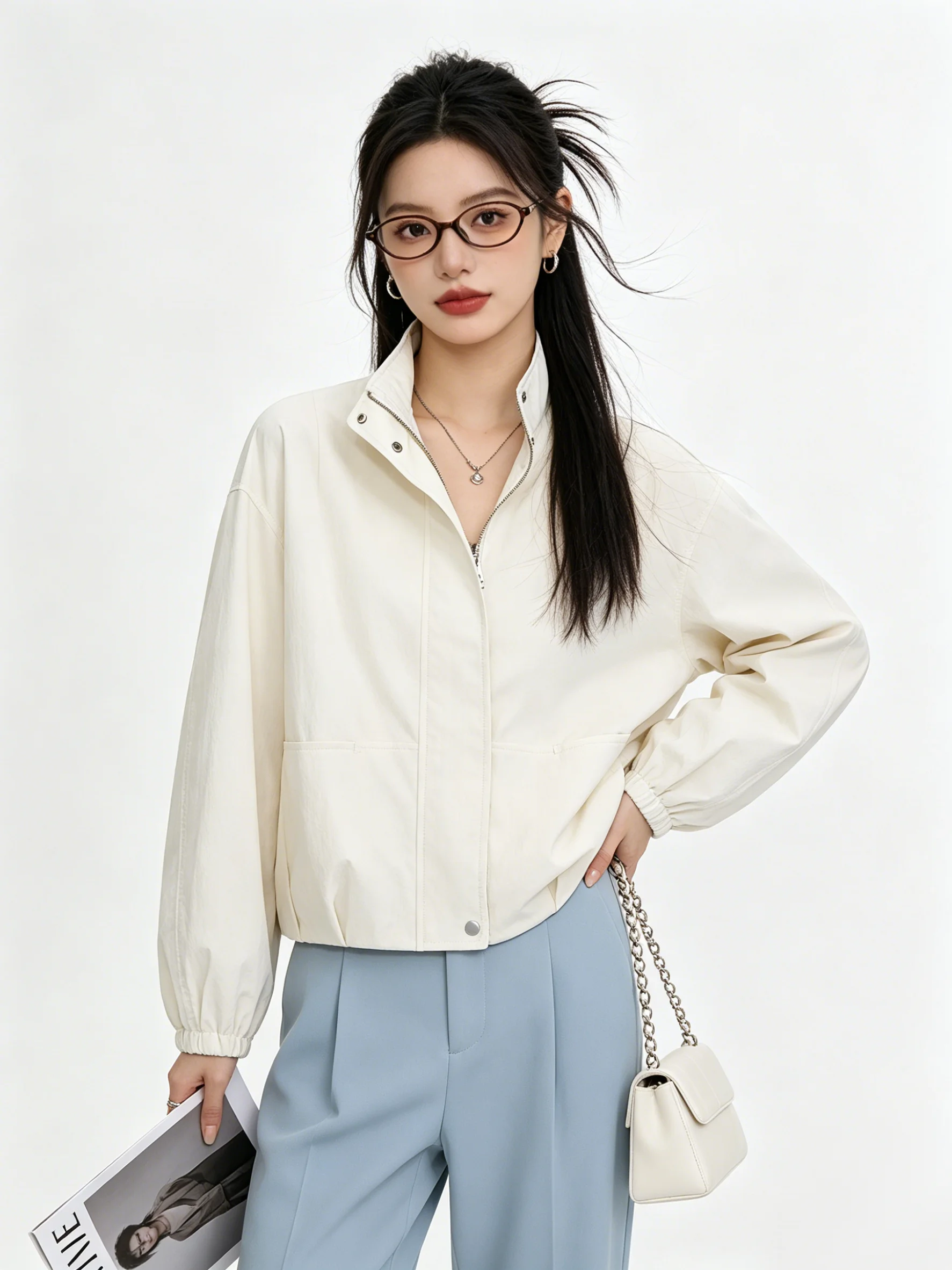 

Retro Korean Style Short Jacket Stand Collar Spring Loose Casual Slimming American Style Coat Breathable Ladies Outerwear