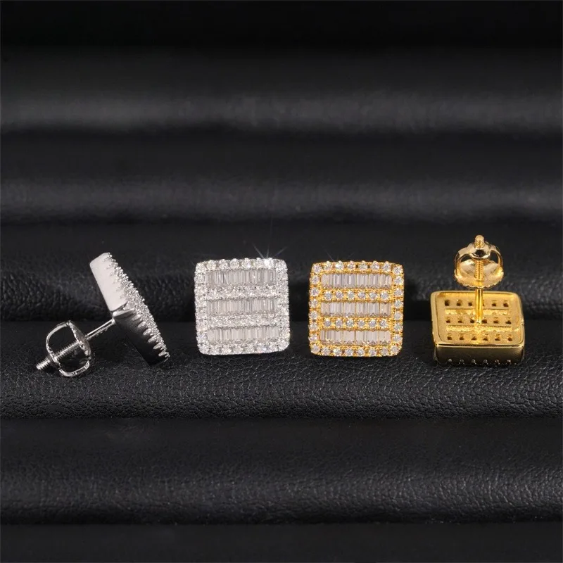 925 Sterling Silver D Color Square Moissanite Earrings Screw Back Hiphop Rock Women Men Jewelry Pass Diamond Tester with Gra
